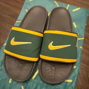 Nike Dark Green and Yellow Swoosh Slide Sandals